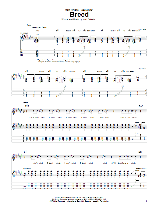 Nirvana Breed sheet music notes and chords arranged for Guitar Tab