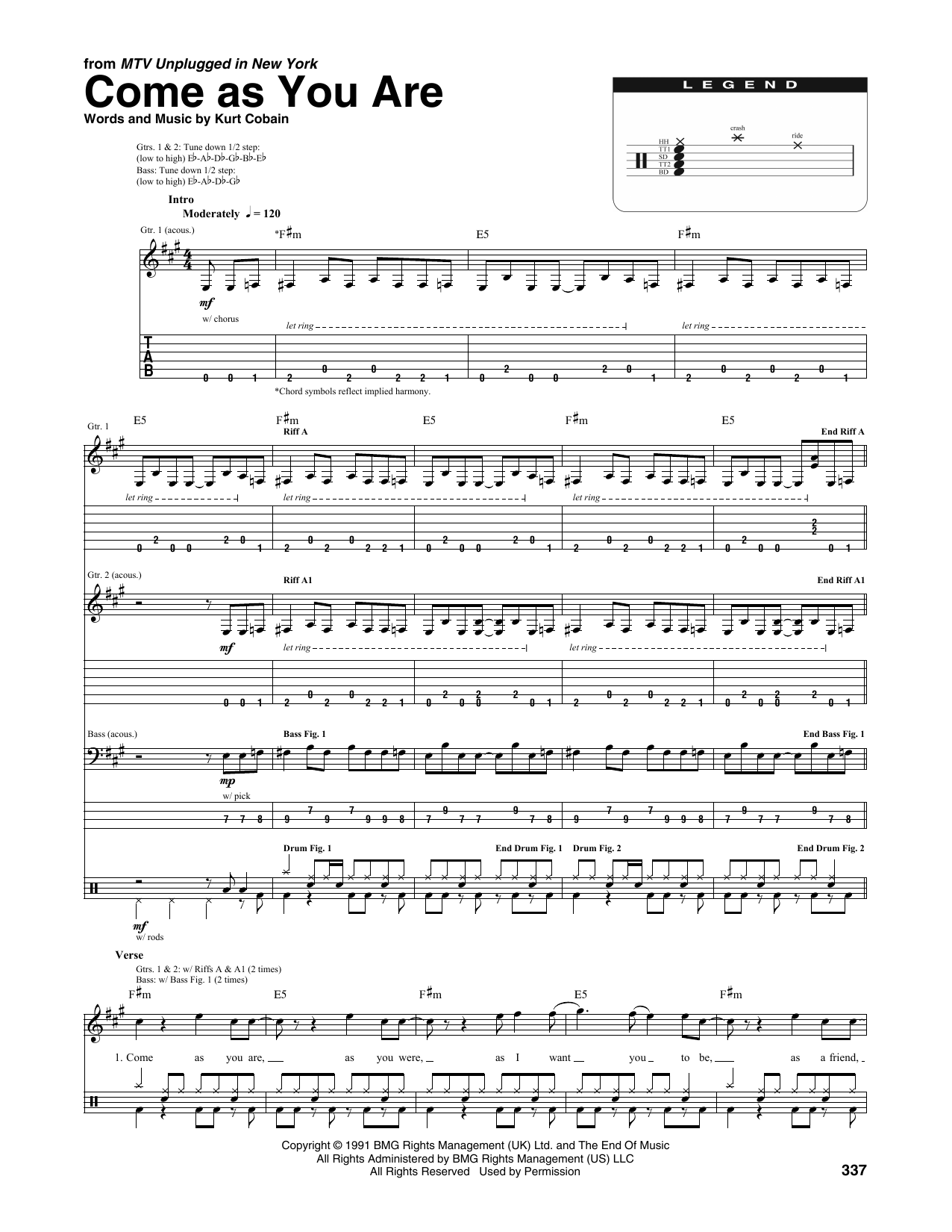 Nirvana Come As You Are (from MTV Unplugged in New York) sheet music notes and chords arranged for Transcribed Score