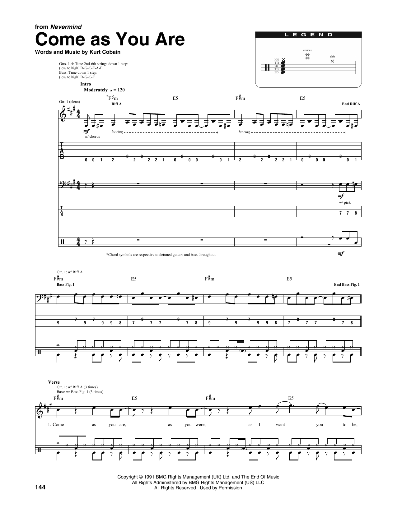 Nirvana Come As You Are (from Nevermind) sheet music notes and chords arranged for Transcribed Score