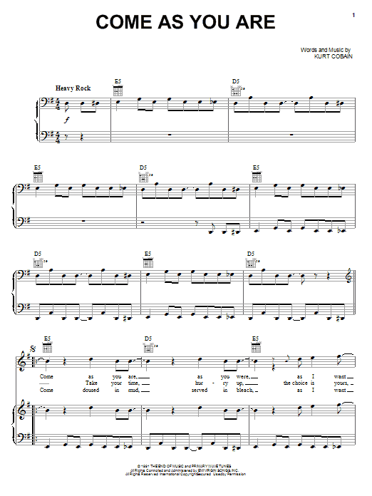Nirvana Come As You Are sheet music notes and chords arranged for Guitar Tab
