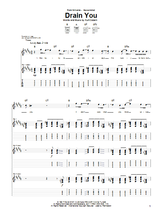 Nirvana Drain You sheet music notes and chords arranged for Guitar Chords/Lyrics