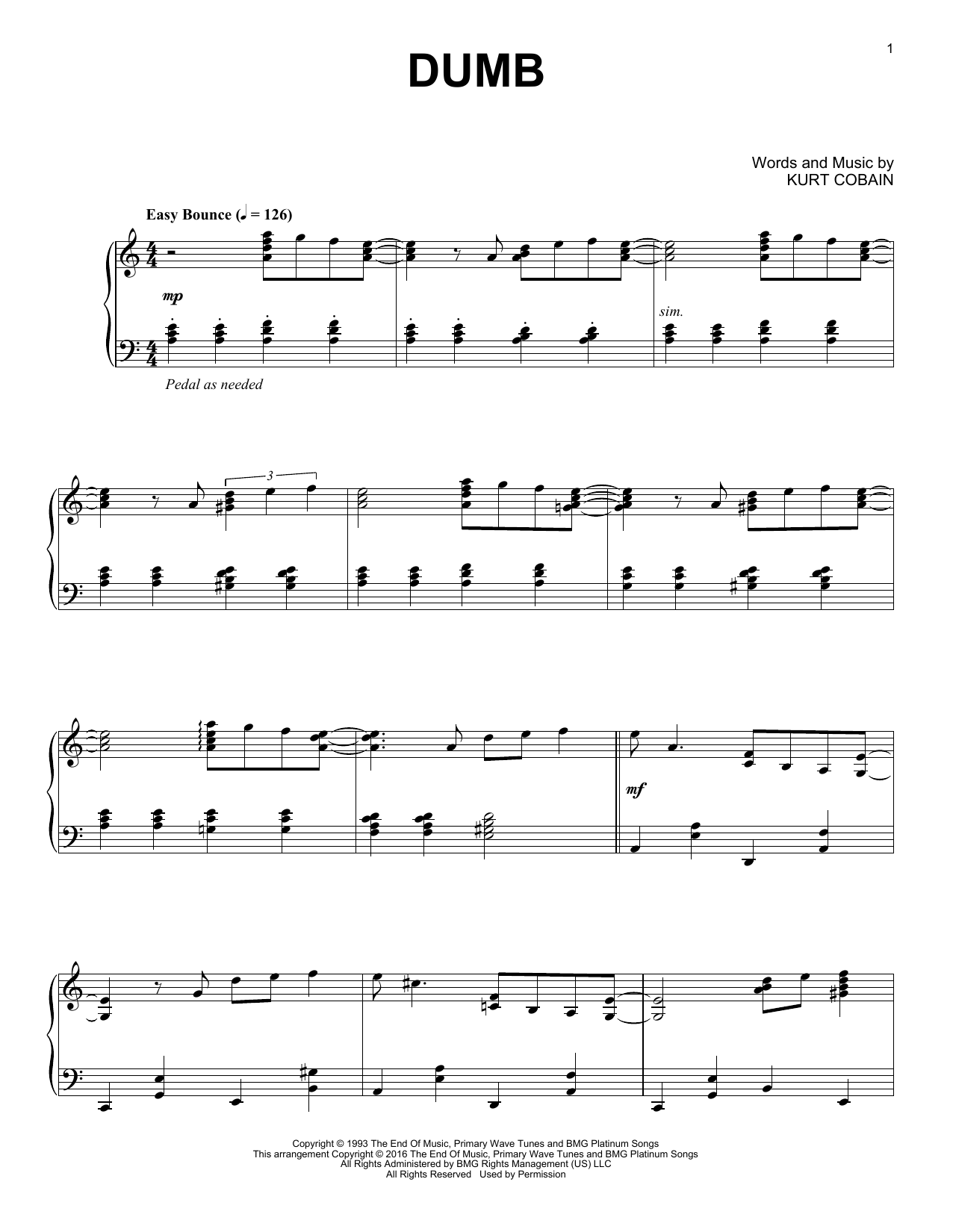 Nirvana Dumb [Jazz version] sheet music notes and chords arranged for Piano Solo