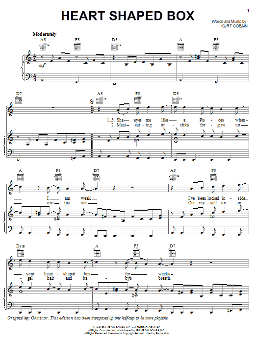 Nirvana Heart Shaped Box sheet music notes and chords arranged for Piano, Vocal & Guitar Chords (Right-Hand Melody)
