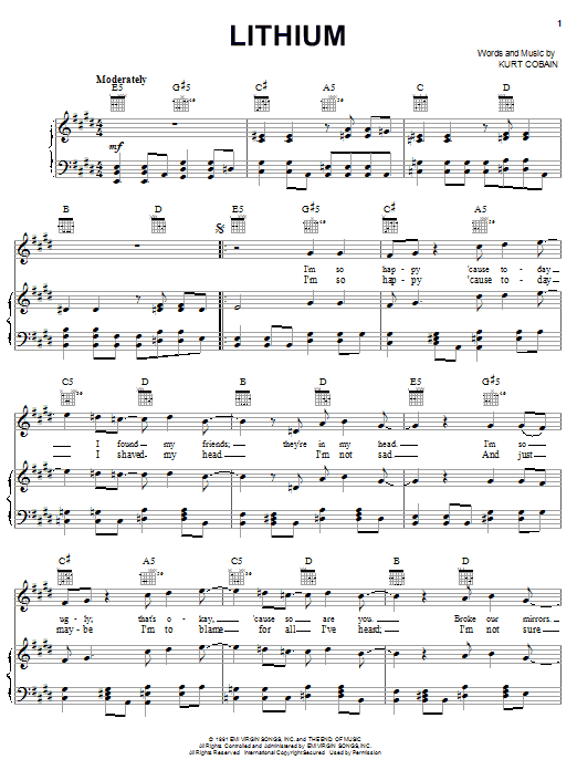 Nirvana Lithium sheet music notes and chords arranged for Piano, Vocal & Guitar Chords (Right-Hand Melody)