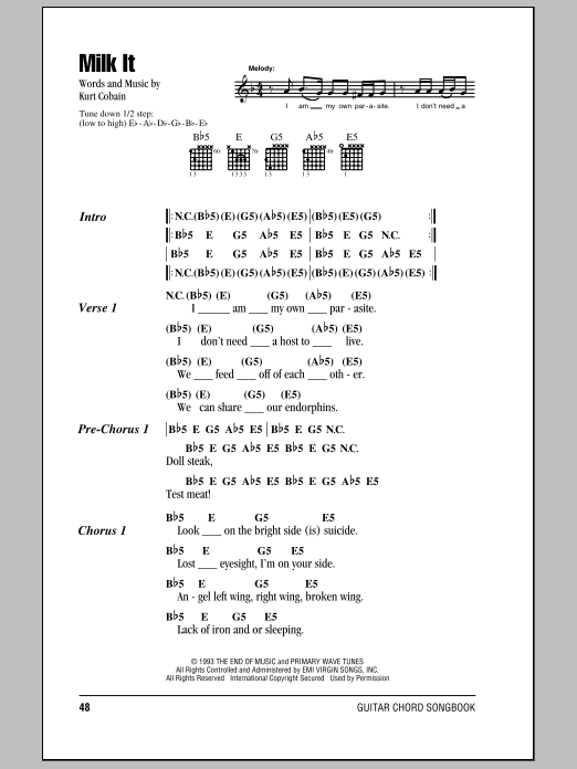Nirvana Milk It sheet music notes and chords arranged for Piano, Vocal & Guitar Chords (Right-Hand Melody)