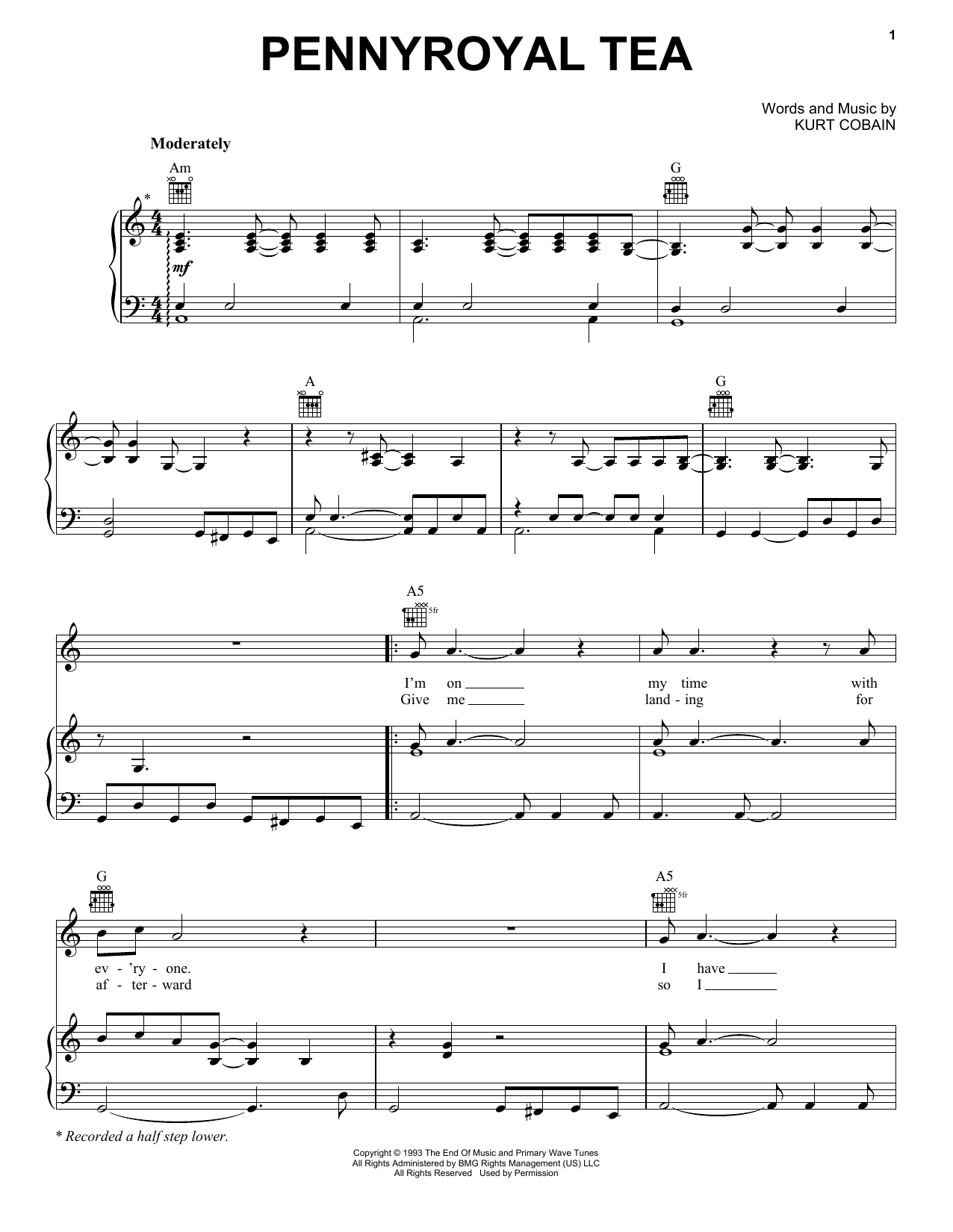 Nirvana Pennyroyal Tea sheet music notes and chords arranged for Piano, Vocal & Guitar Chords (Right-Hand Melody)