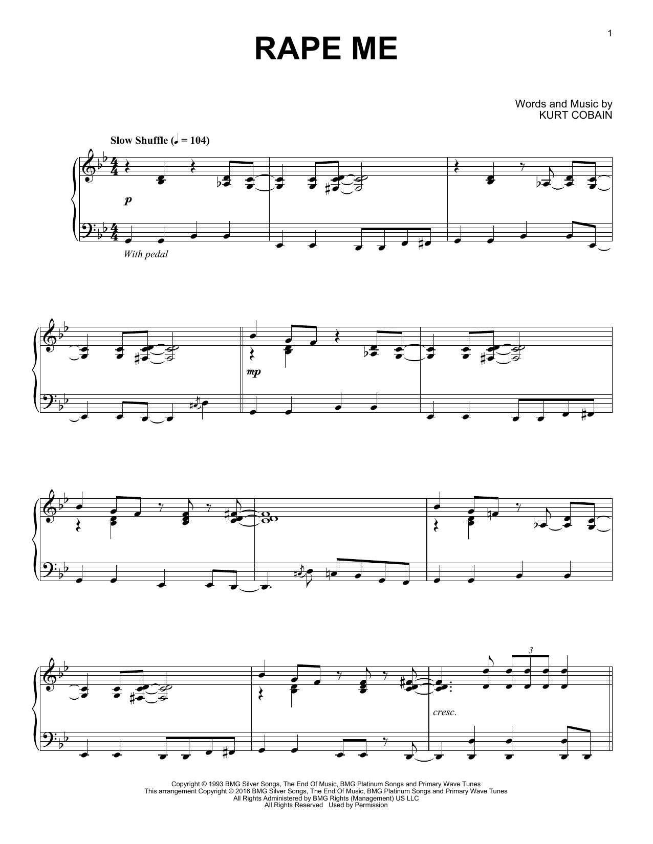 Nirvana Rape Me [Jazz version] sheet music notes and chords arranged for Piano Solo