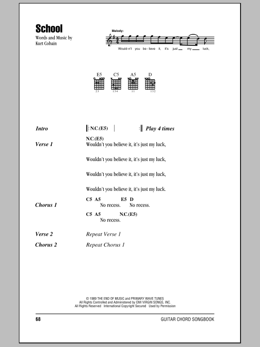 Nirvana School sheet music notes and chords arranged for Guitar Chords/Lyrics