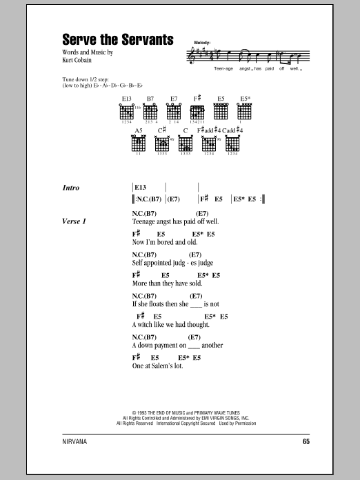 Nirvana Serve The Servants sheet music notes and chords arranged for Guitar Tab