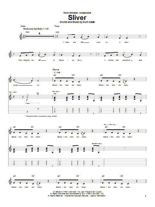 Nirvana Sliver sheet music notes and chords arranged for Piano, Vocal & Guitar Chords (Right-Hand Melody)