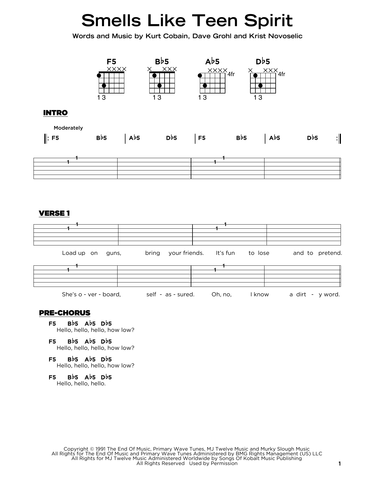 Nirvana Smells Like Teen Spirit sheet music notes and chords arranged for Really Easy Guitar