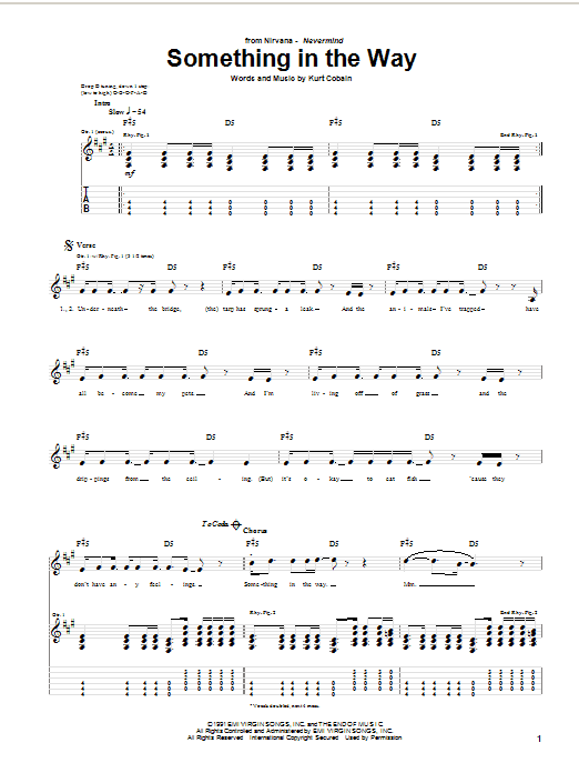 Nirvana Something In The Way sheet music notes and chords arranged for Piano, Vocal & Guitar Chords (Right-Hand Melody)