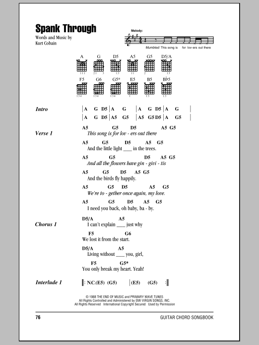 Nirvana Spank Through sheet music notes and chords arranged for Piano, Vocal & Guitar Chords (Right-Hand Melody)