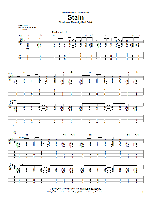 Nirvana Stain sheet music notes and chords arranged for Guitar Tab