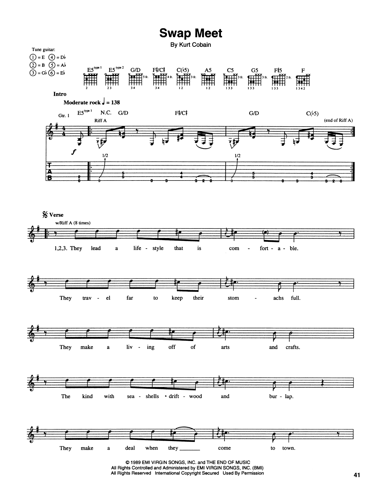 Nirvana Swap Meet sheet music notes and chords arranged for Guitar Tab