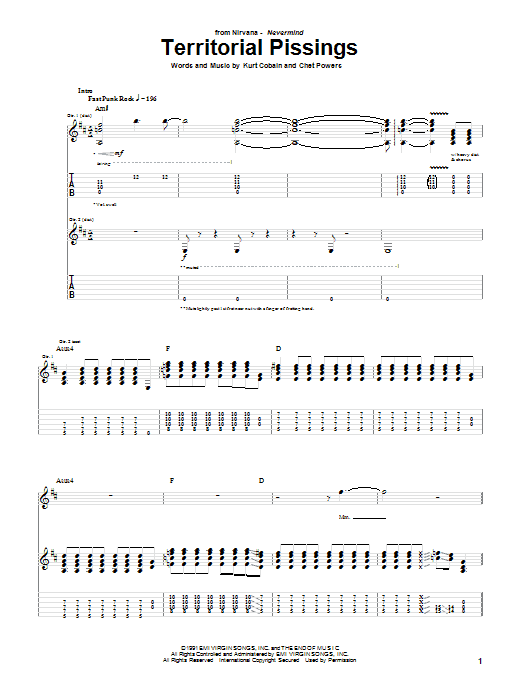 Nirvana Territorial Pissings sheet music notes and chords arranged for Piano, Vocal & Guitar Chords (Right-Hand Melody)