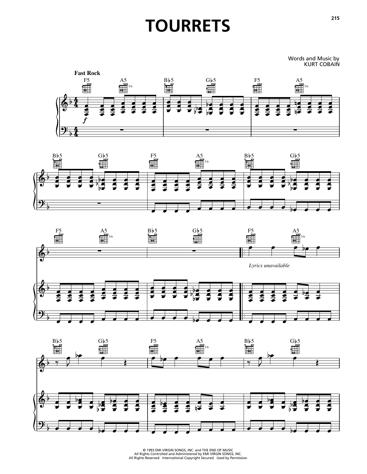 Nirvana Tourette's sheet music notes and chords arranged for Piano, Vocal & Guitar Chords (Right-Hand Melody)