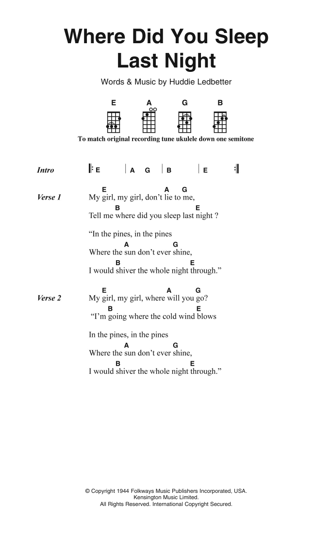 Nirvana Where Did You Sleep Last Night sheet music notes and chords arranged for Guitar Tab