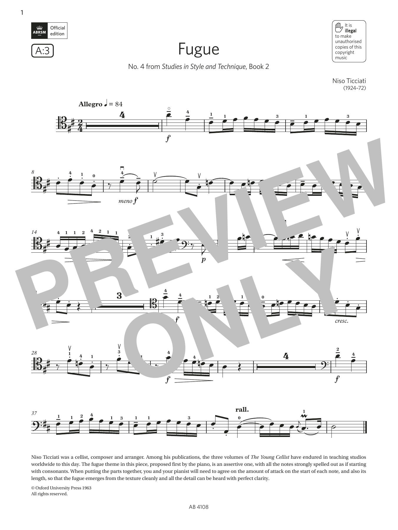 Niso Ticciati Fugue (Grade 5, A3, from the ABRSM Cello Syllabus from 2024) sheet music notes and chords arranged for Cello Solo