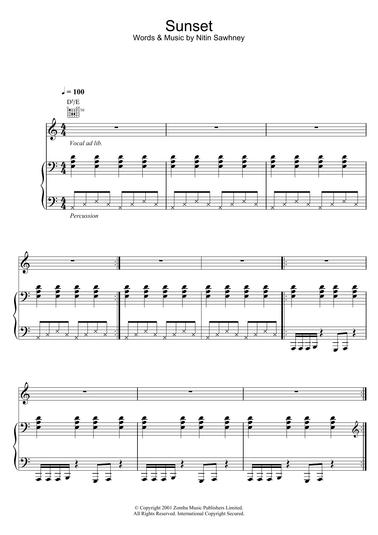 Nitin Sawhney Sunset sheet music notes and chords arranged for Piano, Vocal & Guitar Chords