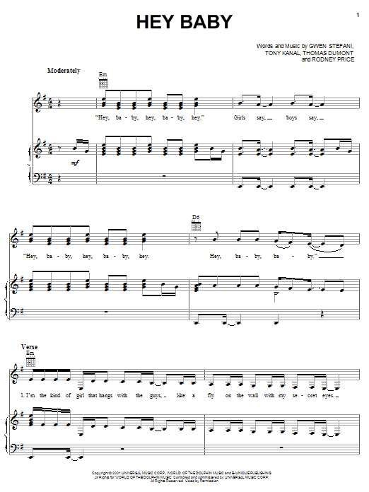 No Doubt Hey Baby sheet music notes and chords arranged for Piano, Vocal & Guitar Chords (Right-Hand Melody)