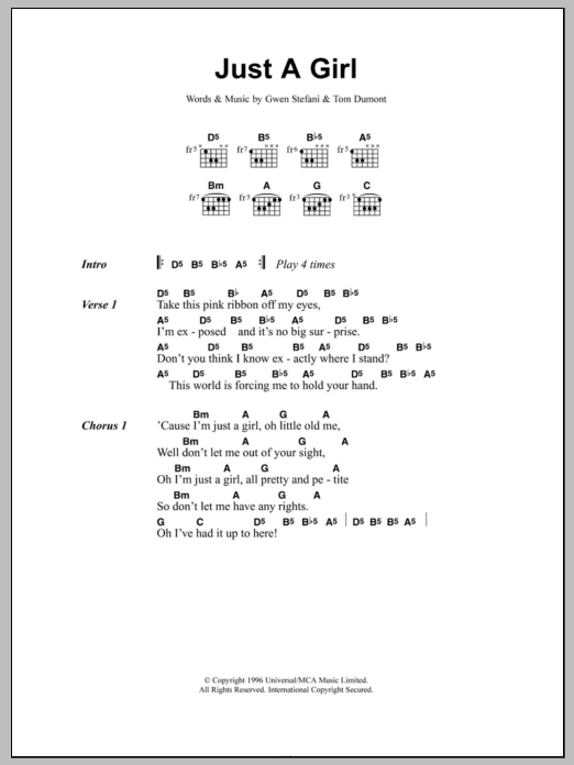 No Doubt Just A Girl sheet music notes and chords arranged for Guitar Tab (Single Guitar)