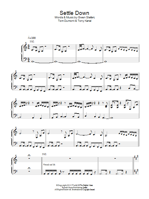 No Doubt Settle Down sheet music notes and chords arranged for Piano, Vocal & Guitar Chords