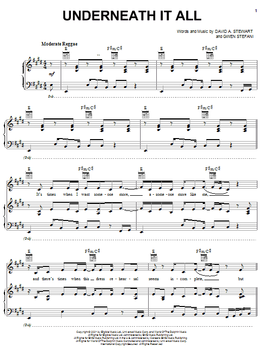No Doubt Underneath It All sheet music notes and chords arranged for Piano, Vocal & Guitar Chords (Right-Hand Melody)