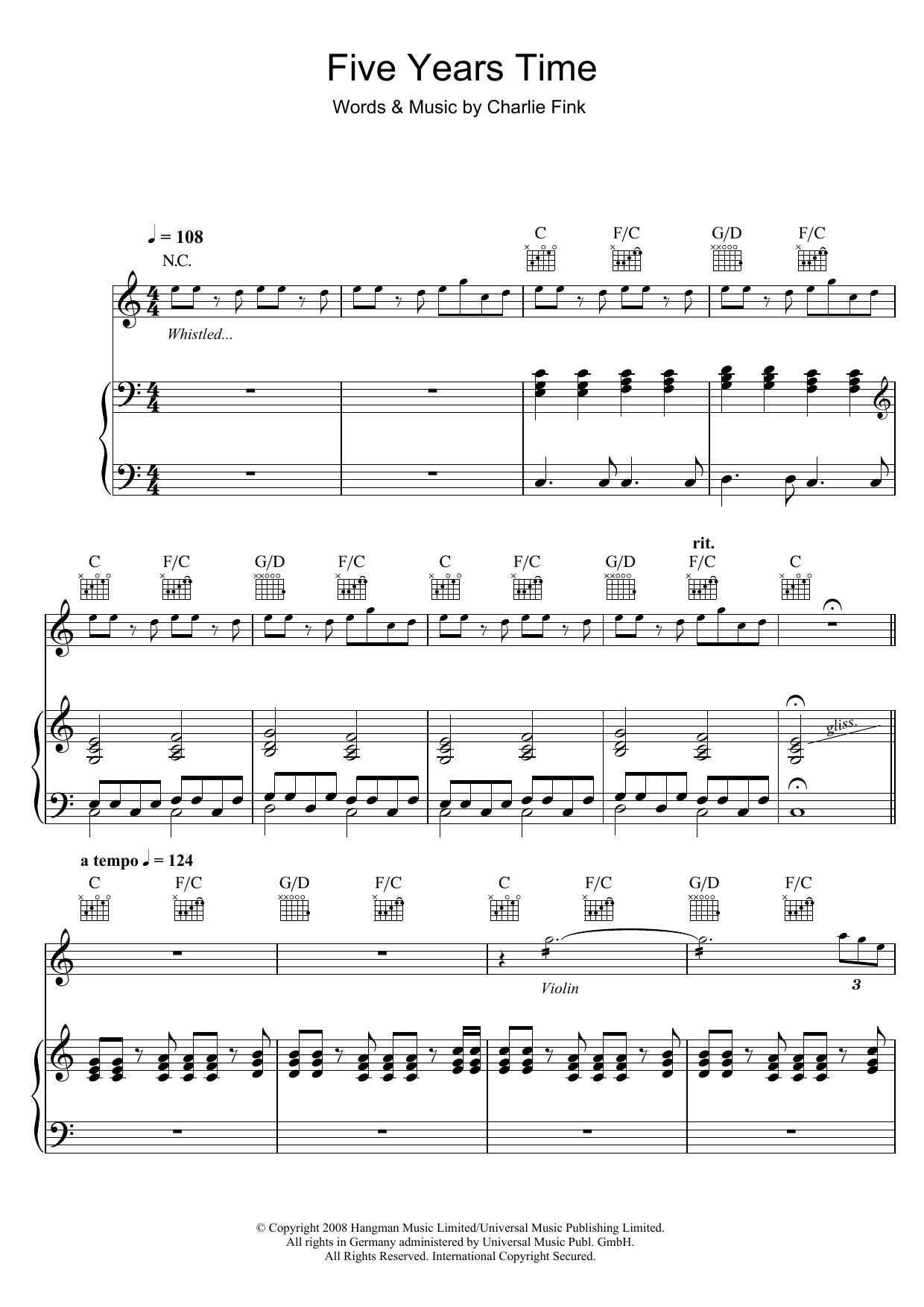 Noah And The Whale 5 Years Time sheet music notes and chords arranged for Beginner Piano