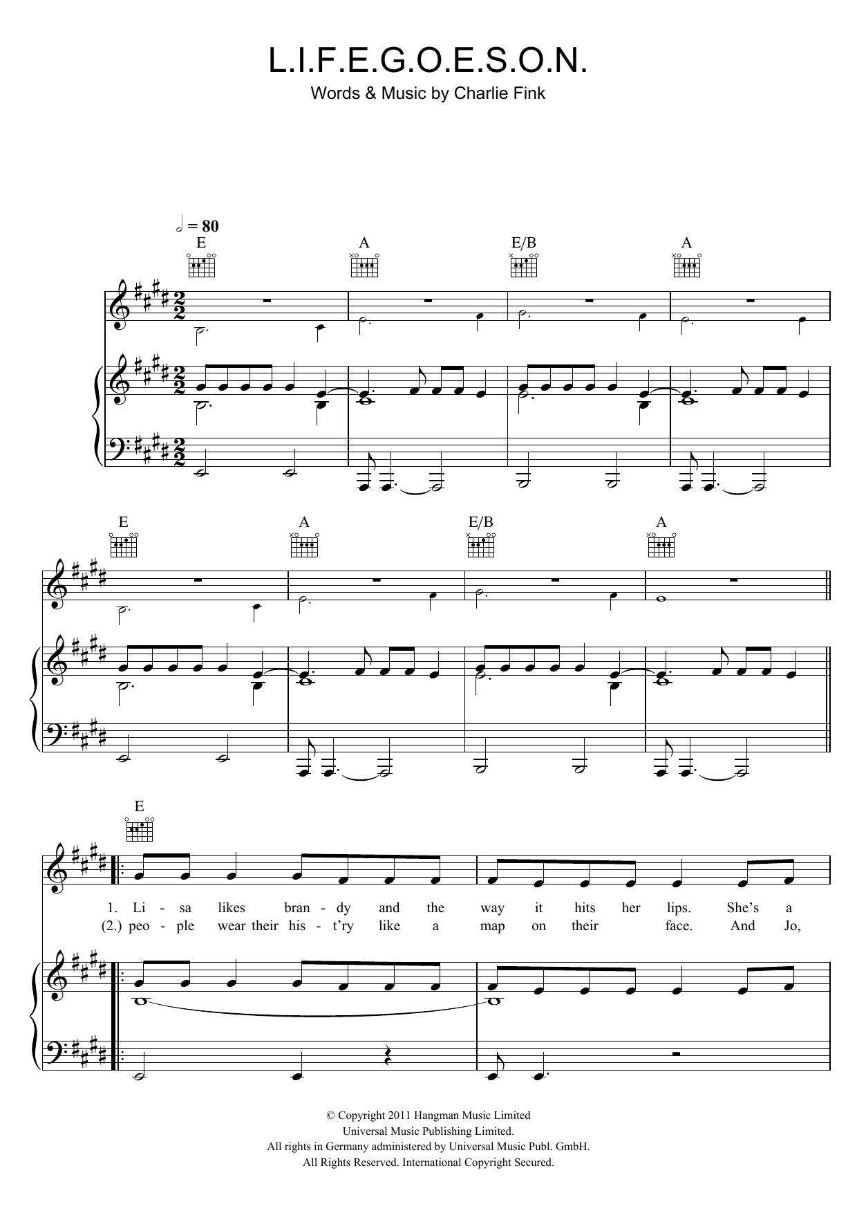 Noah And The Whale L.I.F.E.G.O.E.S.O.N. sheet music notes and chords arranged for Piano, Vocal & Guitar Chords