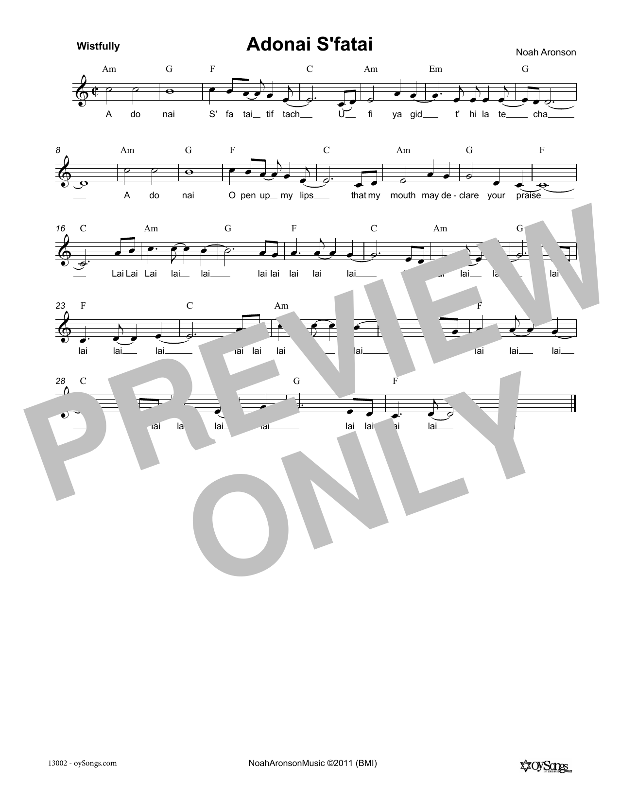 Noah Aronson Adonai S'fatai sheet music notes and chords arranged for Lead Sheet / Fake Book