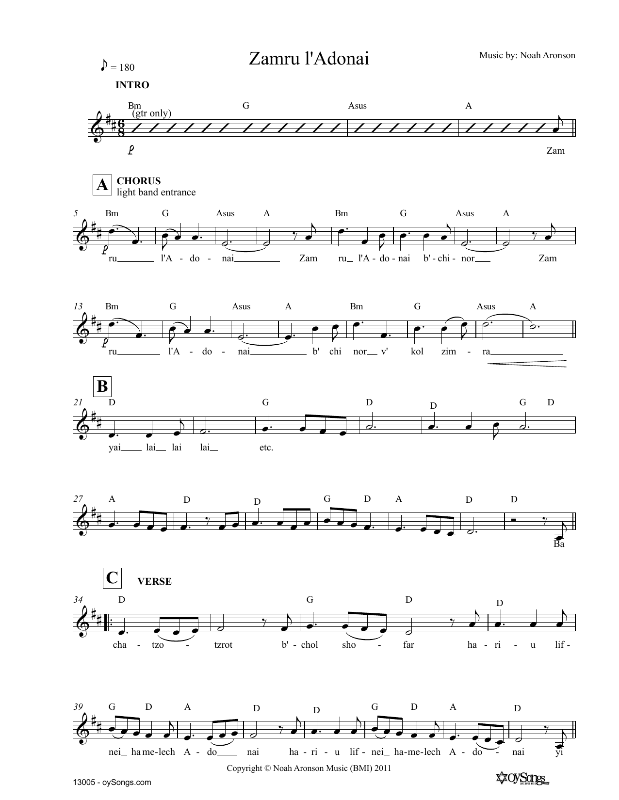 Noah Aronson Zamru l'Adonai sheet music notes and chords arranged for Lead Sheet / Fake Book