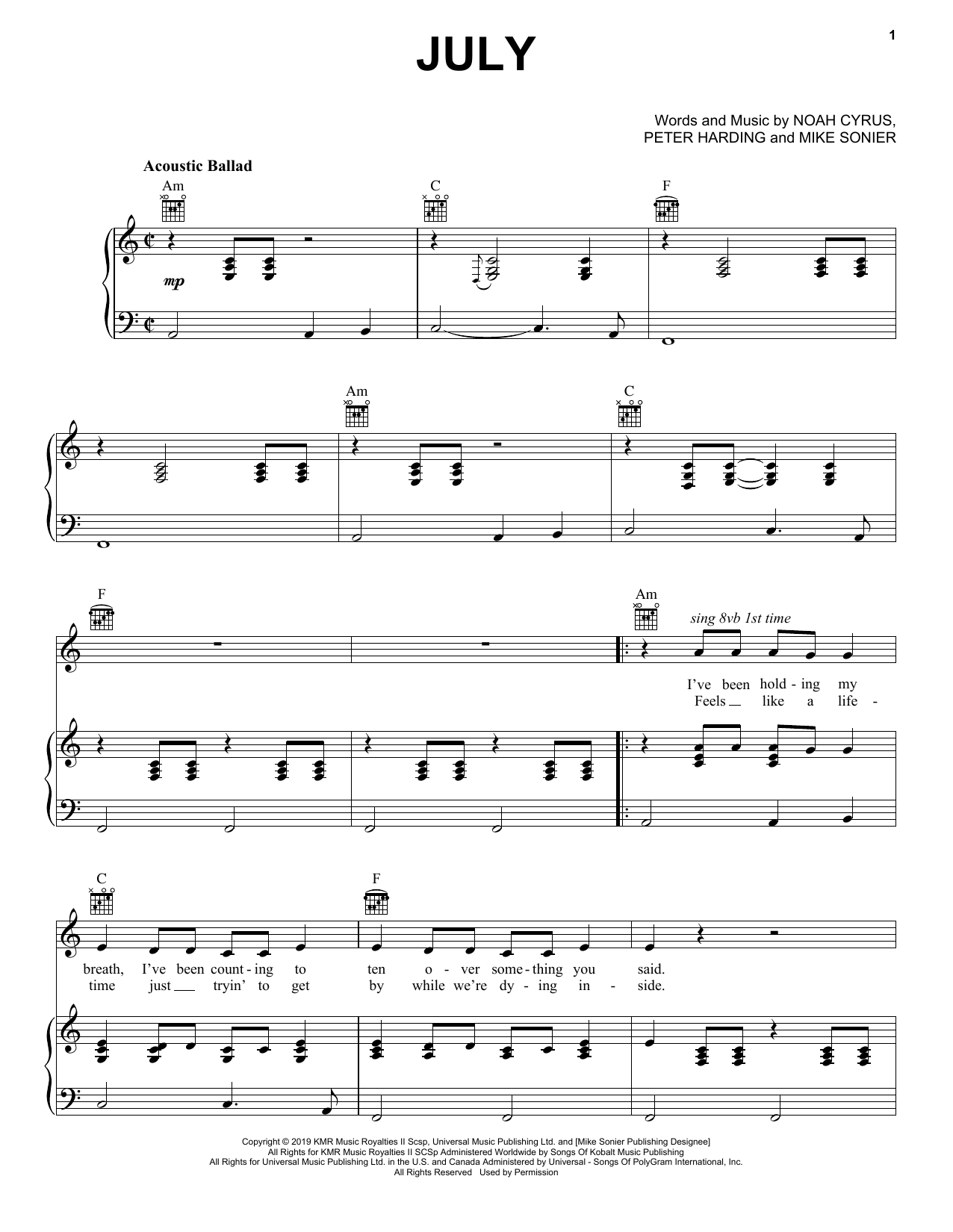 Noah Cyrus July sheet music notes and chords arranged for Piano, Vocal & Guitar Chords (Right-Hand Melody)