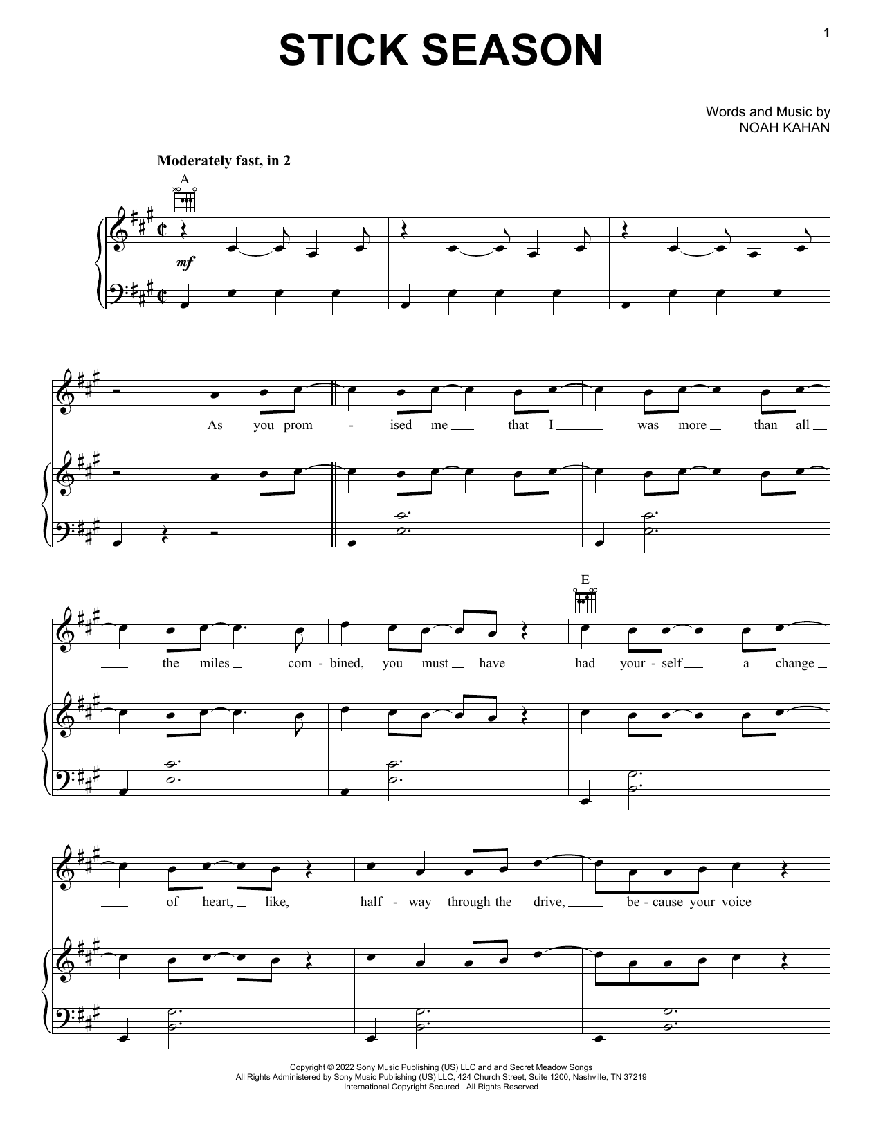 Noah Kahan Stick Season sheet music notes and chords arranged for Piano, Vocal & Guitar Chords (Right-Hand Melody)