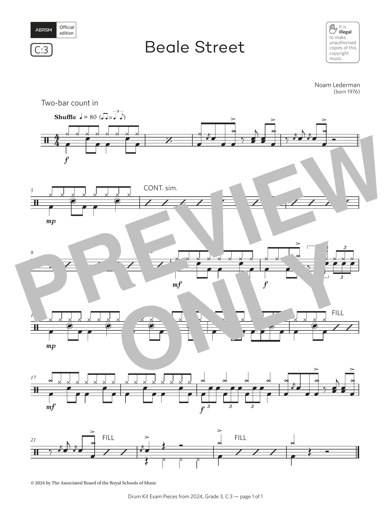 Noam Lederman Beale Street  (Grade 3, list C3, from the ABRSM Drum Kit Syllabus 2024) sheet music notes and chords arranged for Drums