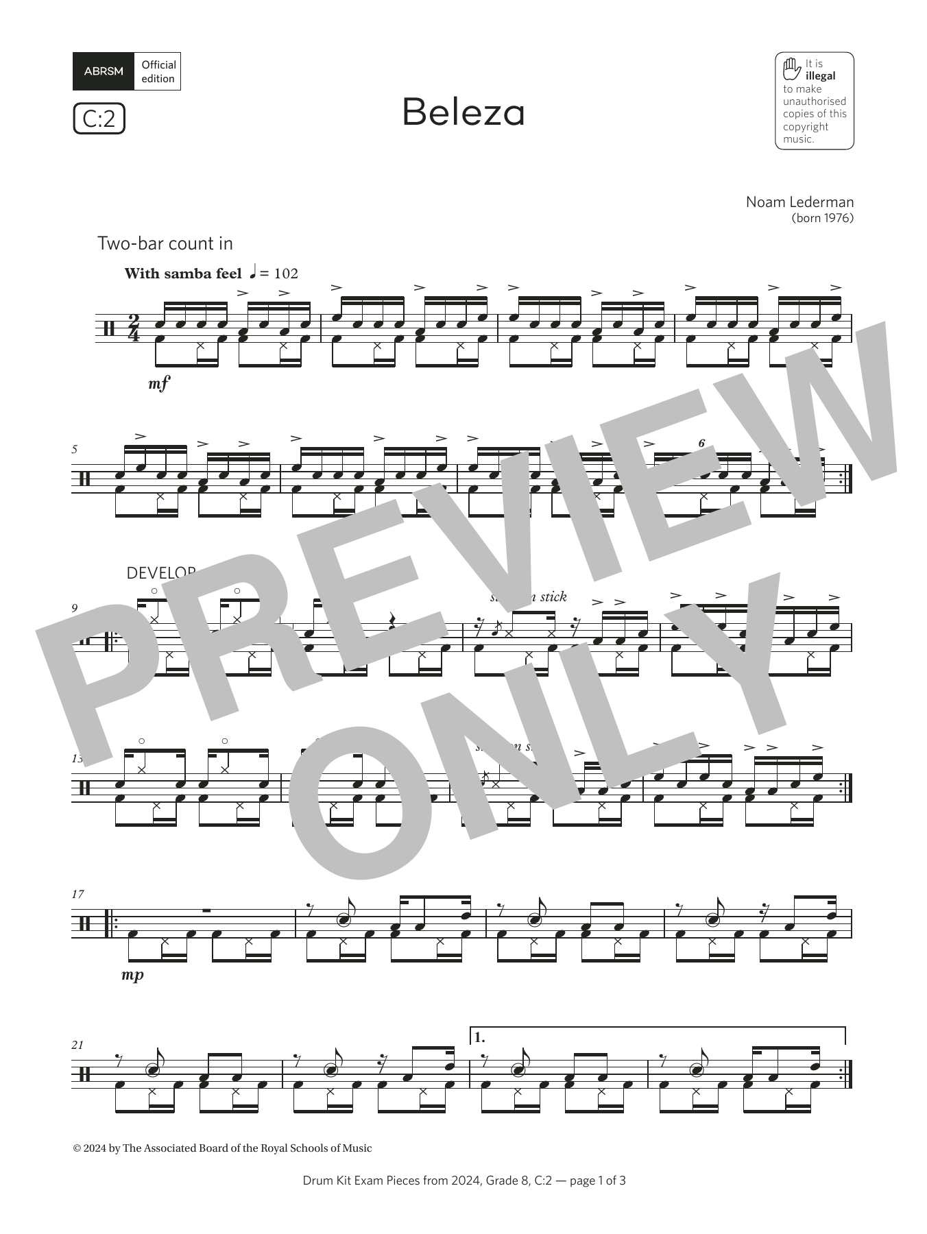 Noam Lederman Beleza (Grade 8, list C2, from the ABRSM Drum Kit Syllabus 2024) sheet music notes and chords arranged for Drums