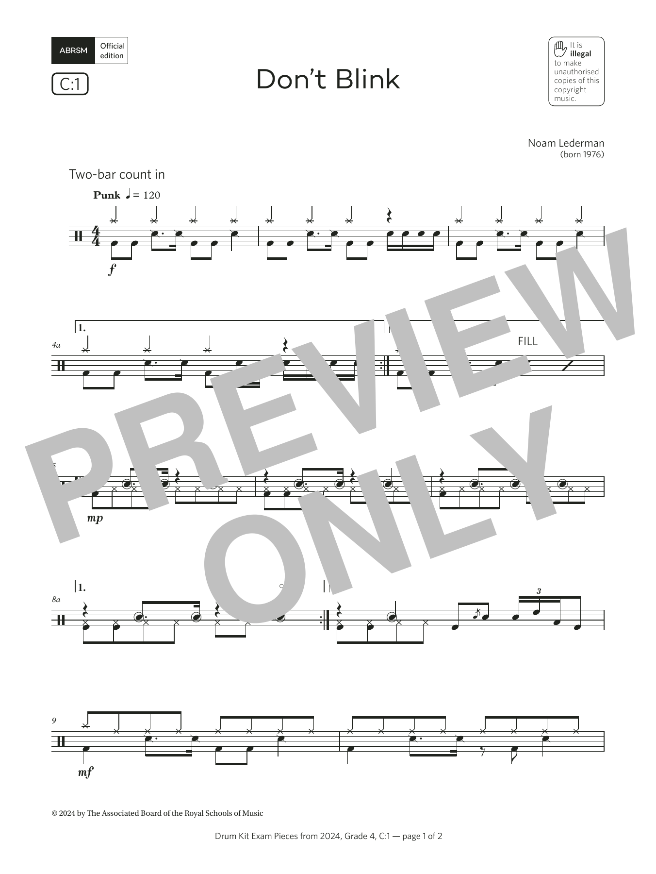 Noam Lederman Don't Blink (Grade 4, list C1, from the ABRSM Drum Kit Syllabus 2024) sheet music notes and chords arranged for Drums