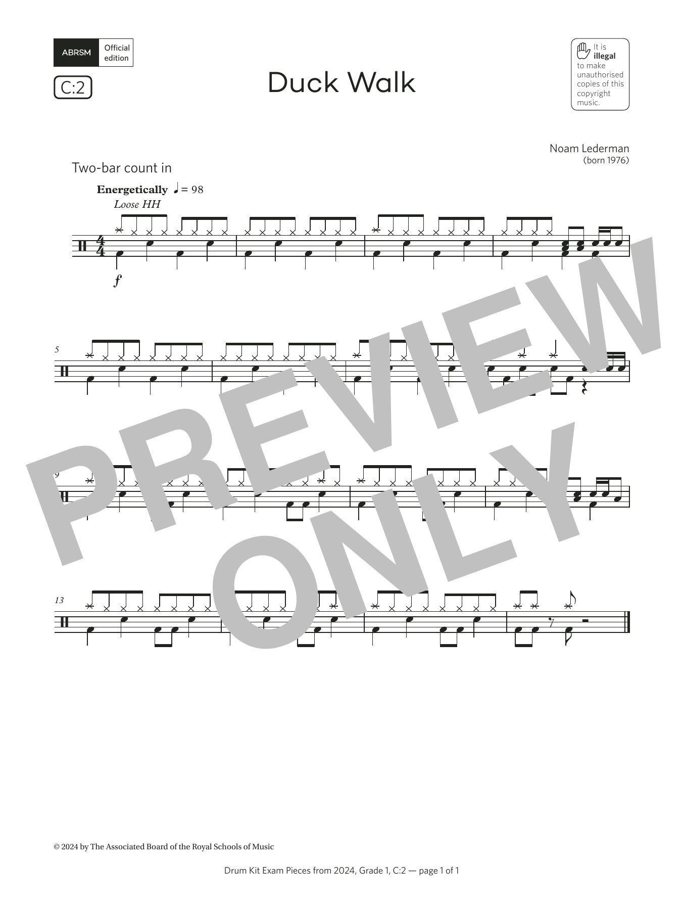 Noam Lederman Duck Walk (Grade 1, list C2, from the ABRSM Drum Kit Syllabus 2024) sheet music notes and chords arranged for Drums