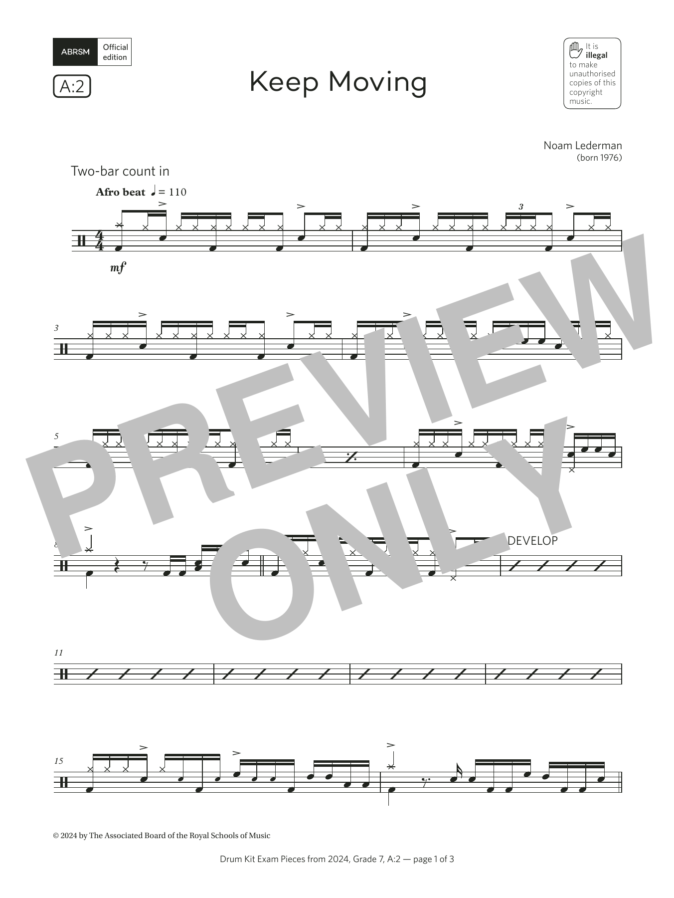 Noam Lederman Keep Moving (Grade 7, list A2, from the ABRSM Drum Kit Syllabus 2024) sheet music notes and chords arranged for Drums