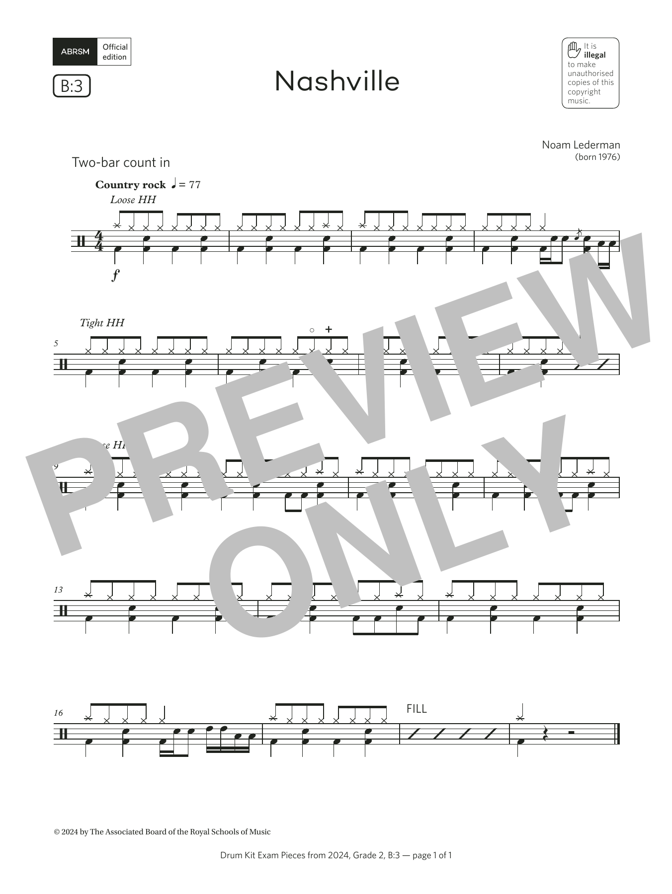 Noam Lederman Nashville (Grade 2, list B3, from the ABRSM Drum Kit Syllabus 2024) sheet music notes and chords arranged for Drums