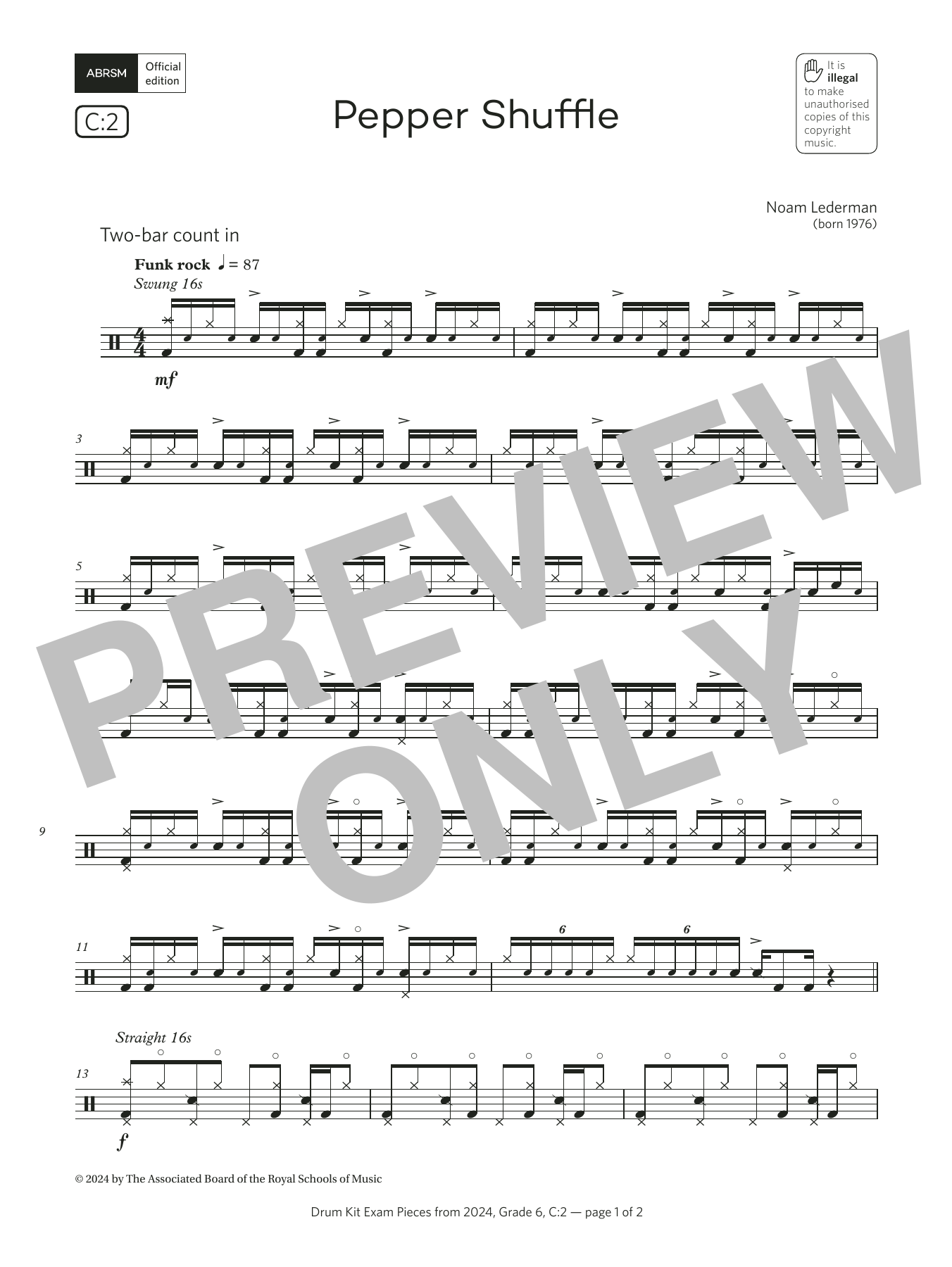 Noam Lederman Pepper Shuffle (Grade 6, list C2, from the ABRSM Drum Kit Syllabus 2024) sheet music notes and chords arranged for Drums