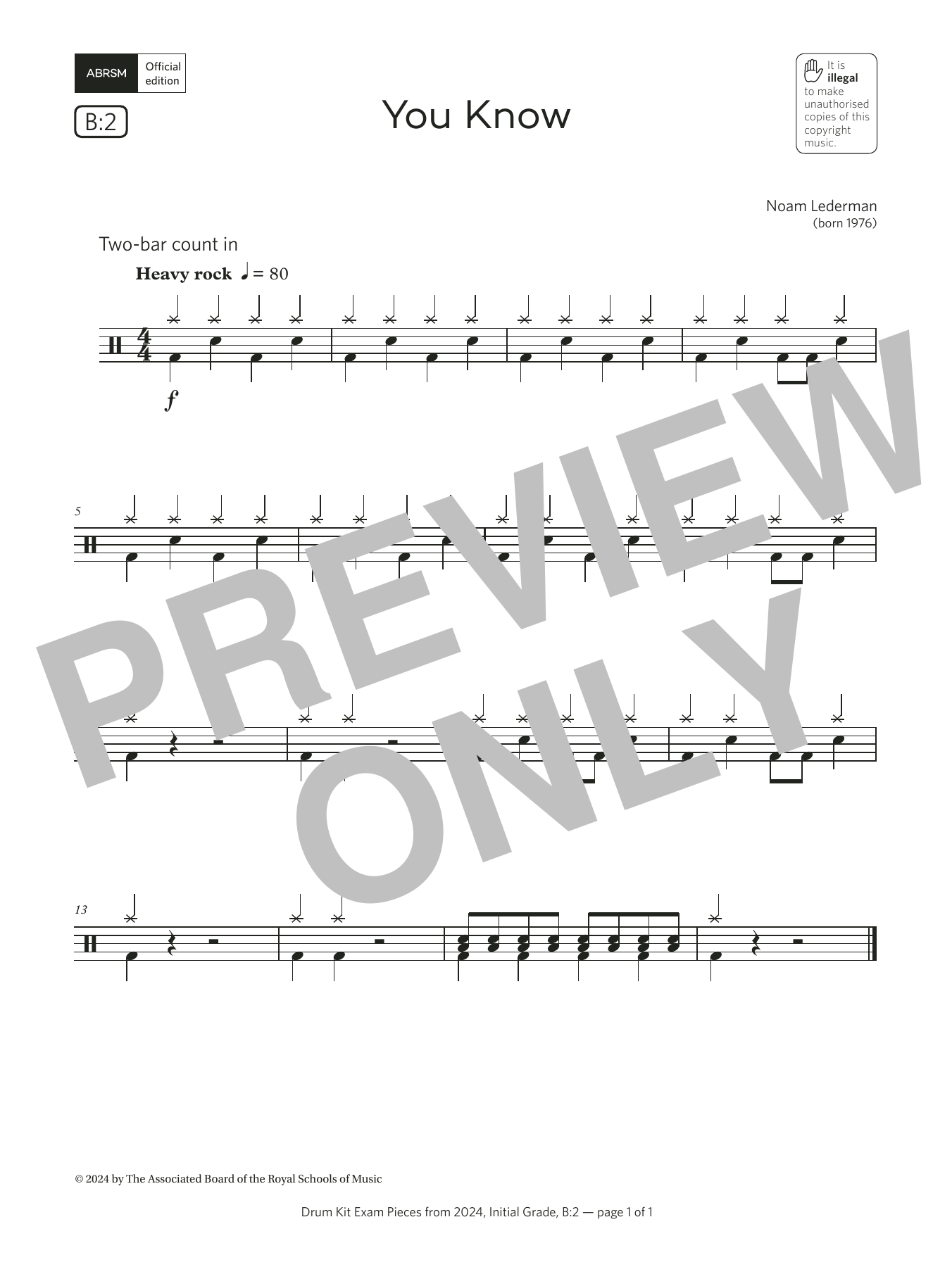 Noam Lederman You Know (Grade Initial, list B2, from the ABRSM Drum Kit Syllabus 2024) sheet music notes and chords arranged for Drums