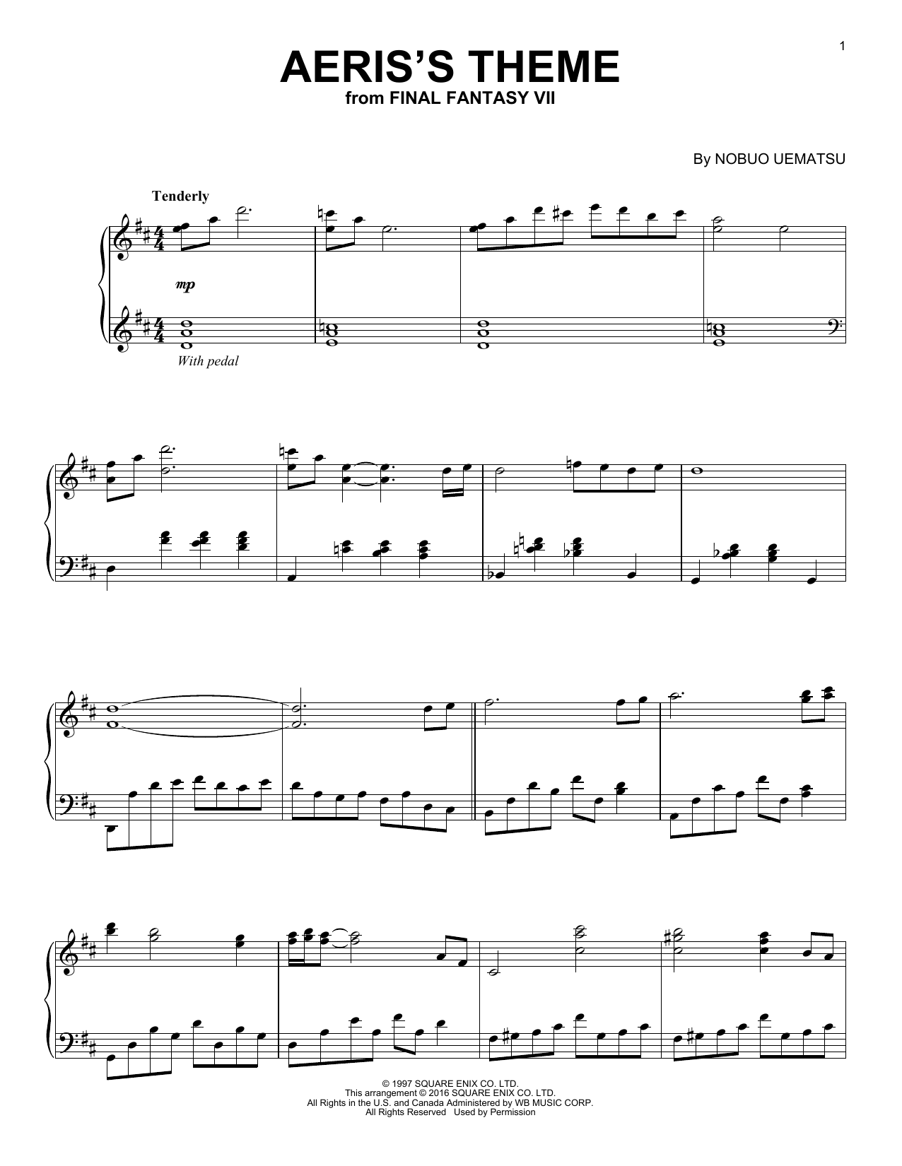 Nobuo Uematsu Aeris's Theme (from Final Fantasy VII) sheet music notes and chords arranged for Piano Solo
