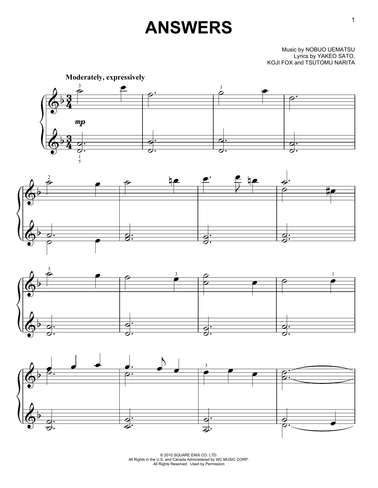 Nobuo Uematsu Answers (from Final Fantasy XIV) sheet music notes and chords arranged for Easy Piano