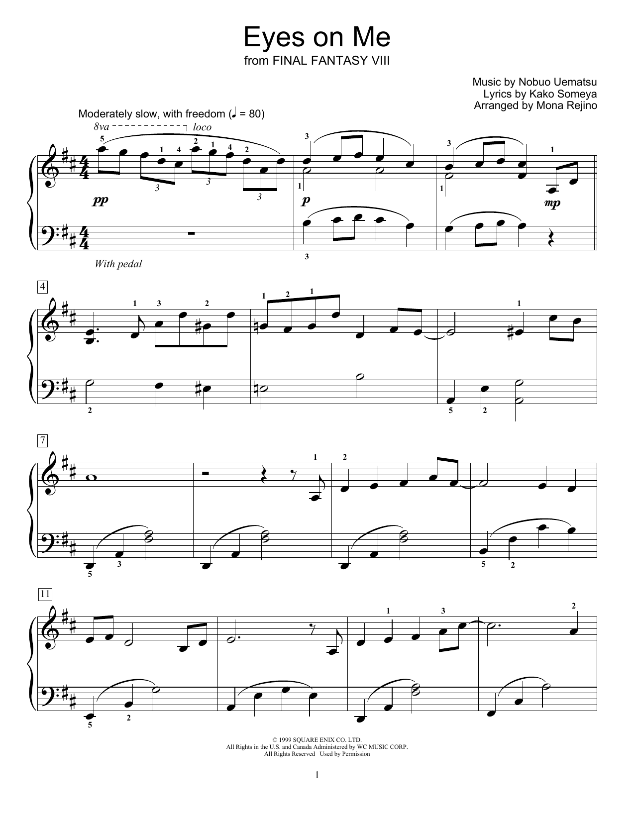 Nobuo Uematsu Eyes On Me (from Final Fantasy VIII) (arr. Mona Rejino) sheet music notes and chords arranged for Educational Piano