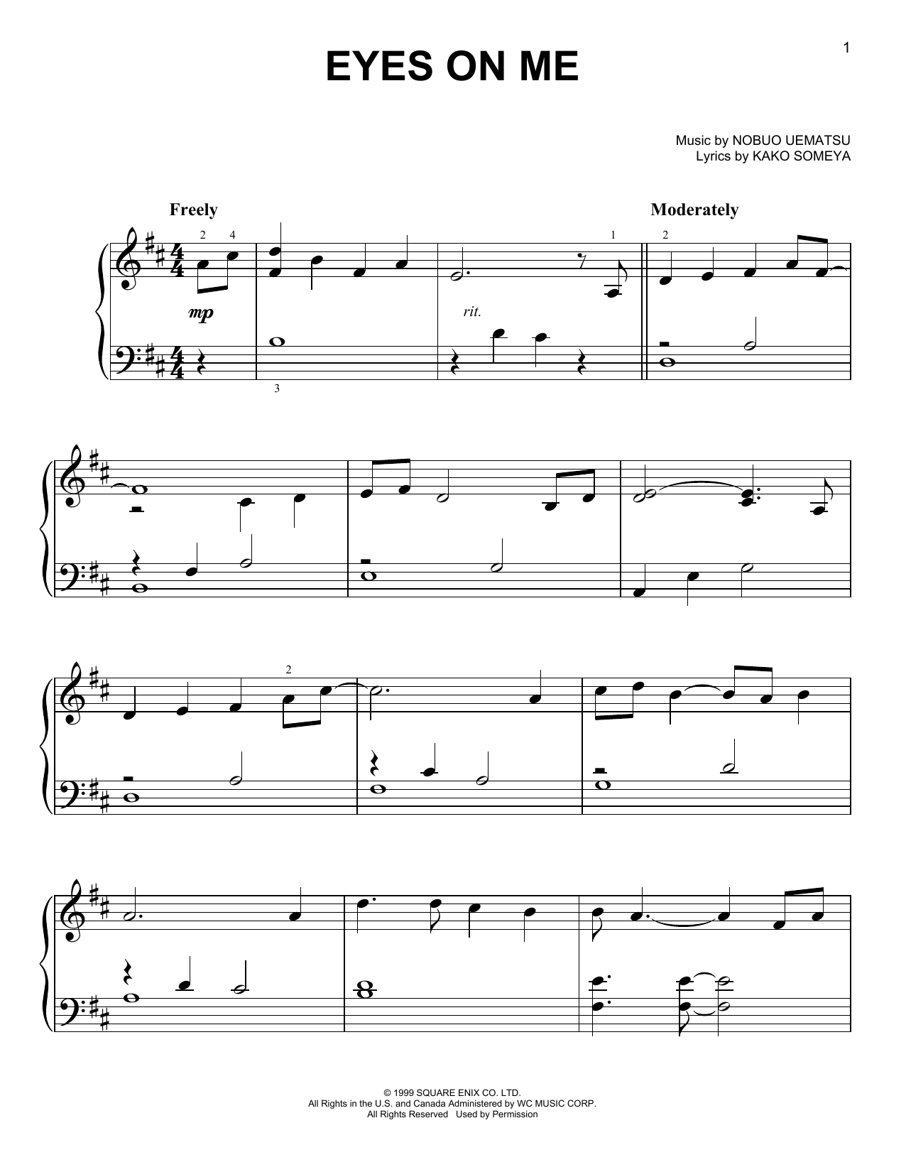Nobuo Uematsu Eyes On Me (from Final Fantasy VIII) sheet music notes and chords arranged for Easy Piano