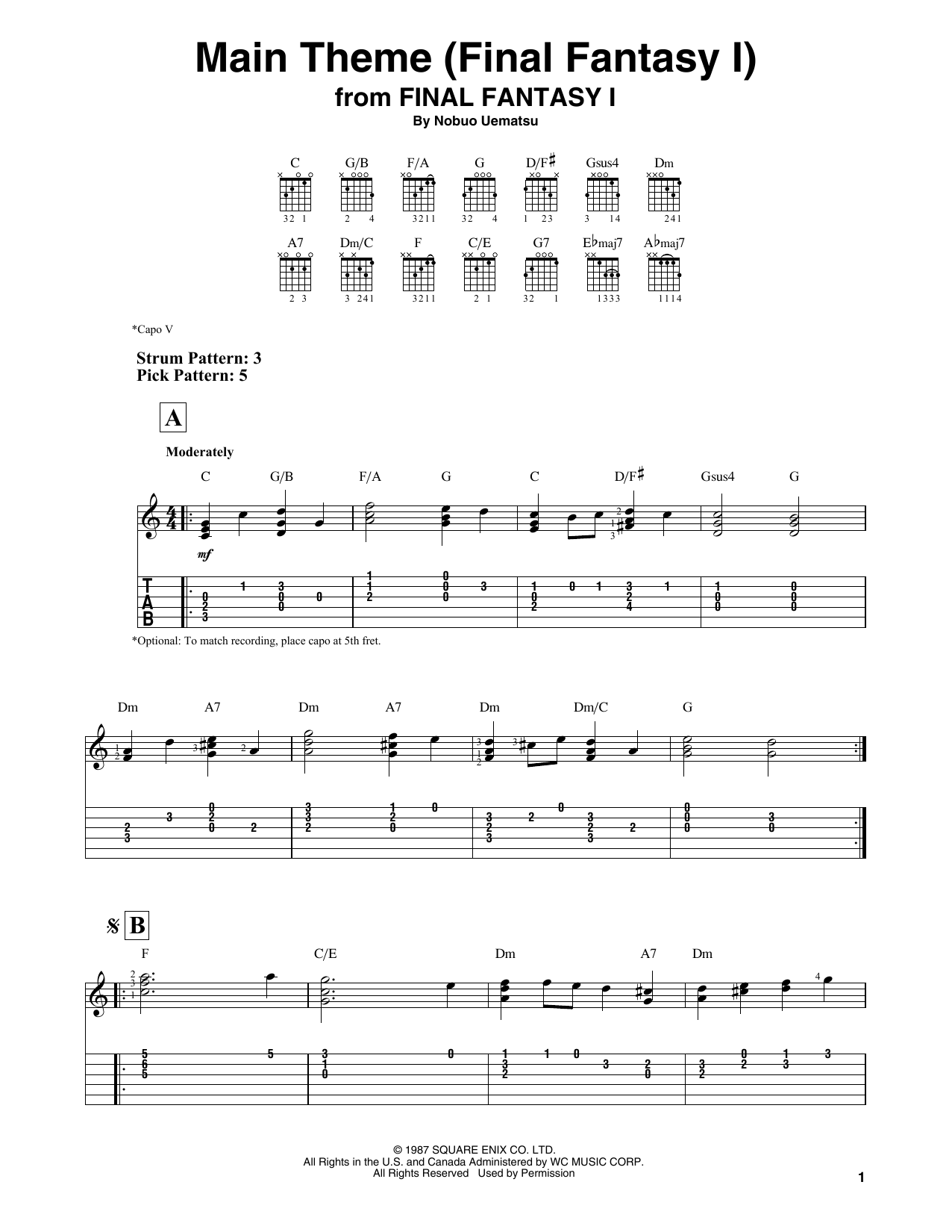Nobuo Uematsu Main Theme (Final Fantasy I) sheet music notes and chords arranged for Easy Guitar Tab