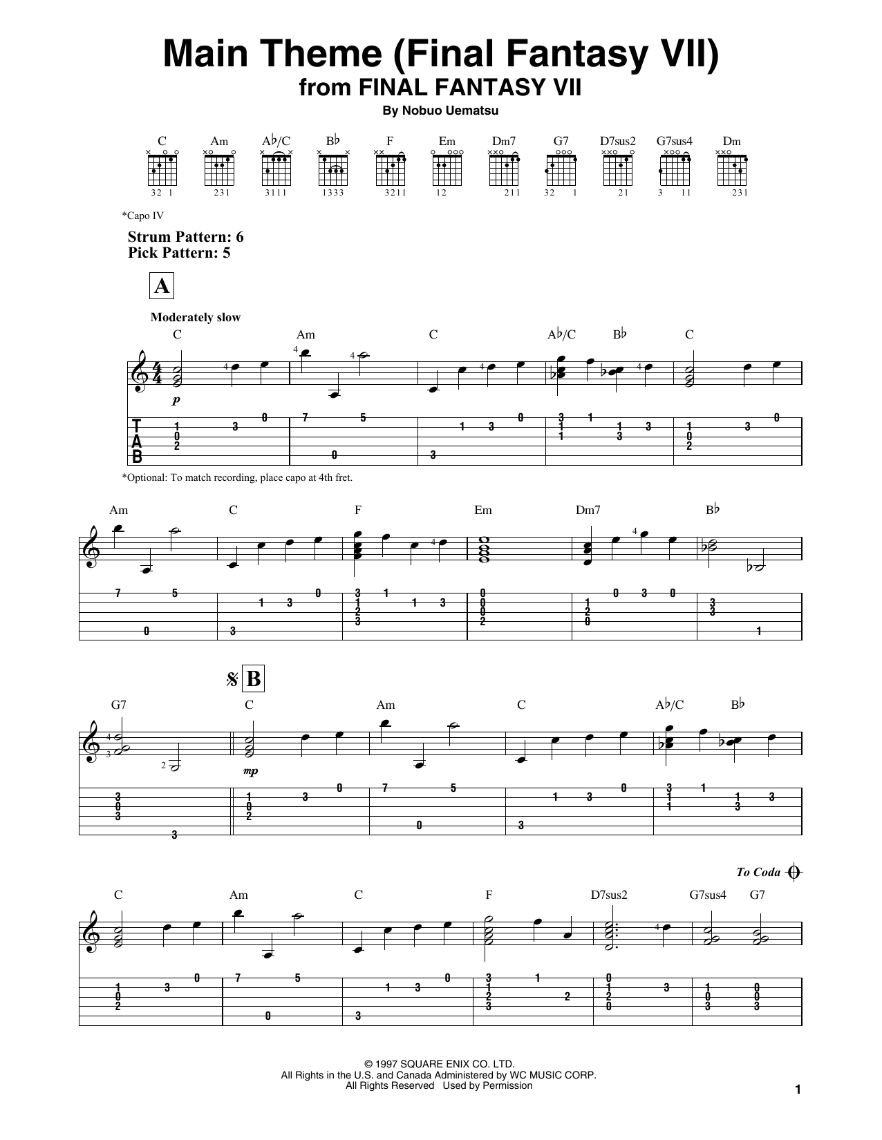 Nobuo Uematsu Main Theme (Final Fantasy VII) sheet music notes and chords arranged for Solo Guitar