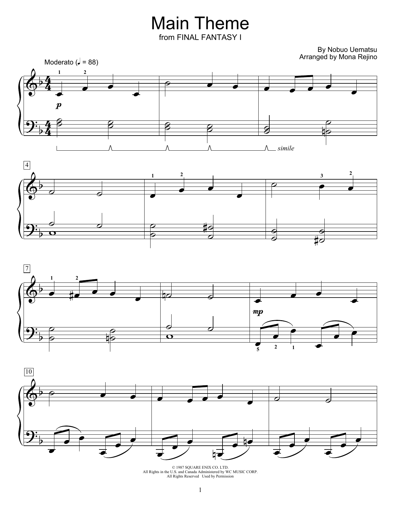 Nobuo Uematsu Main Theme (from Final Fantasy I) (arr. Mona Rejino) sheet music notes and chords arranged for Educational Piano