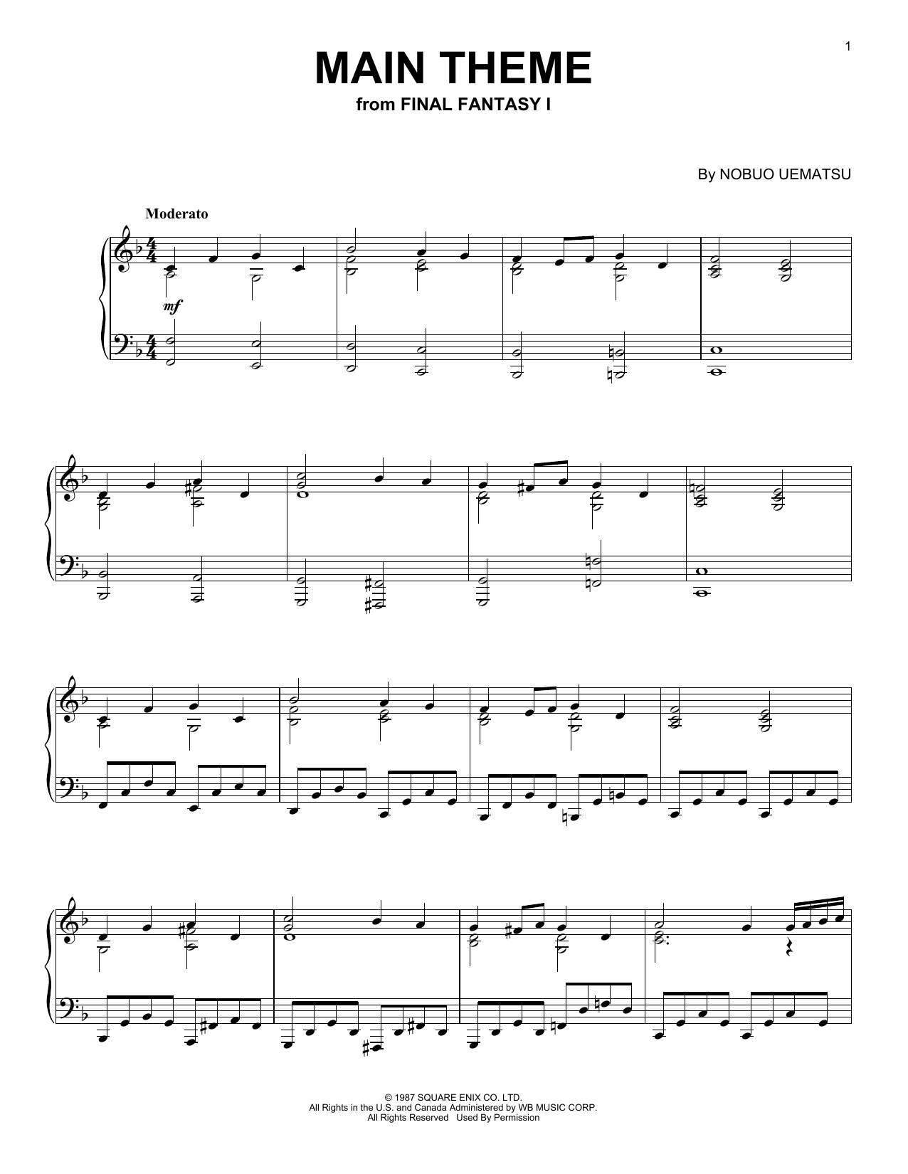 Nobuo Uematsu Main Theme (from Final Fantasy) sheet music notes and chords arranged for Piano Solo